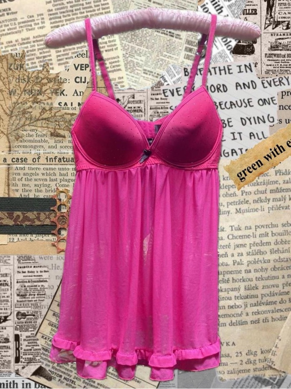 Y2k Hot Pink Sheer Babydoll lingerie with Underwire Cups and Black Bows